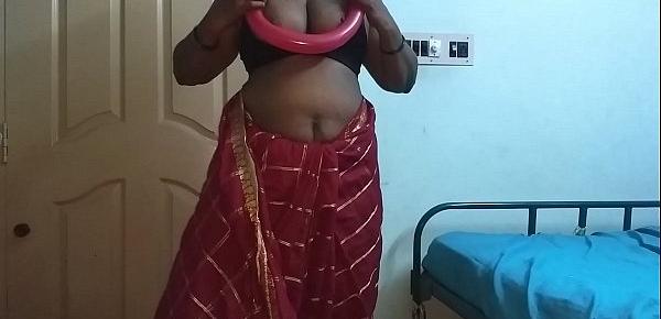  desi  indian tamil telugu kannada malayalam hindi horny cheating wife vanitha wearing cherry red colour saree showing big boobs and shaved pussy press hard boobs press nip rubbing pussy masturbation